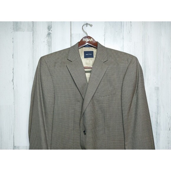 Nautica 42L USA Tan Navy Houndstooth Stripe Wool Soft Tweed 2 Button Blazer - Picture 3 of 8